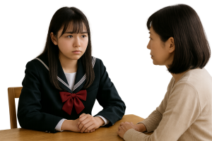  親と進路選びについて話す高校生のシーン。親からの期待に対するプレッシャーを感じている。