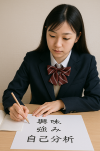 高校生が自己分析を行い、自分の強みや興味を紙に書き出しているシーン。