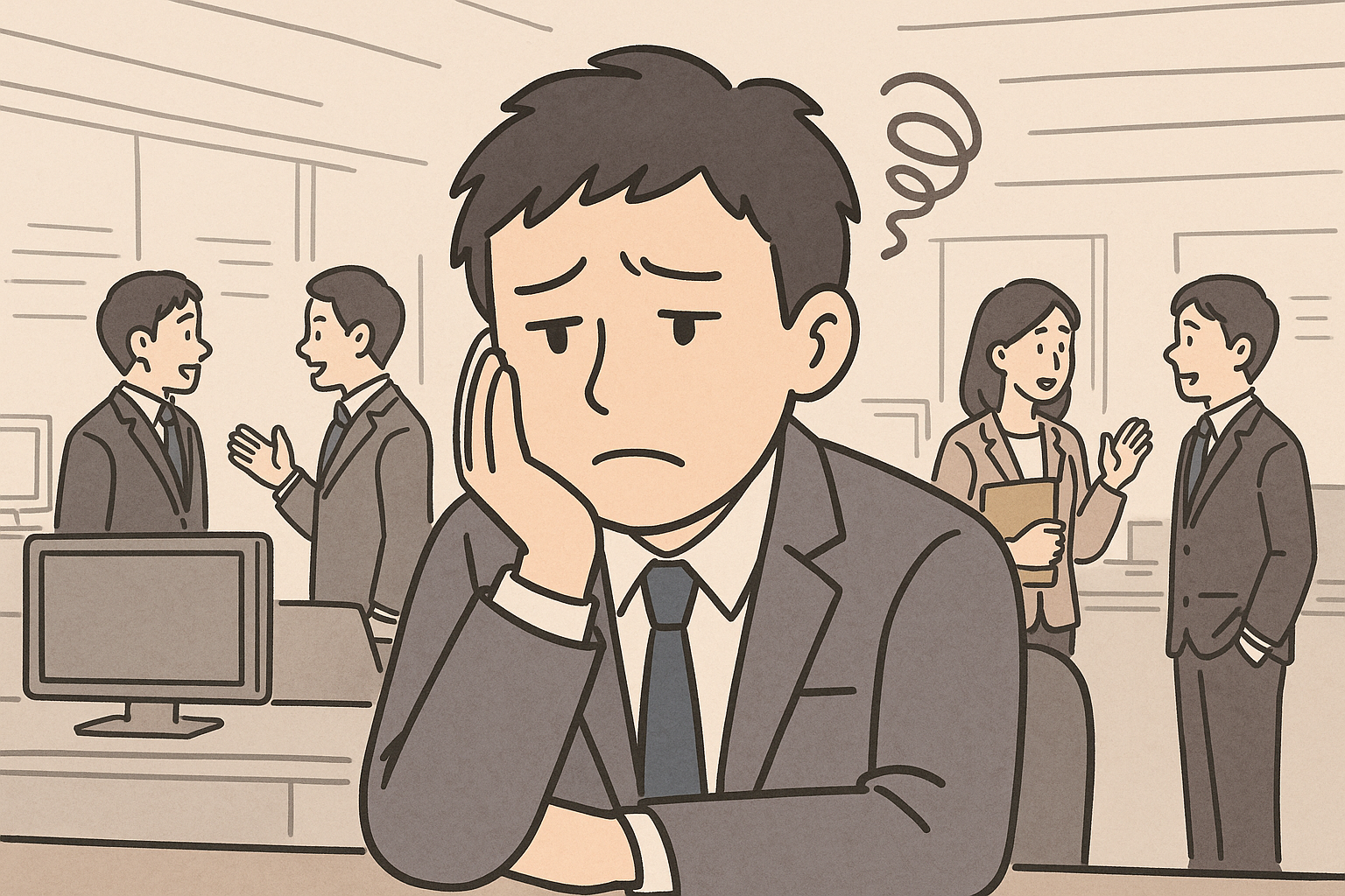 オフィス内で一人の男性社員が落ち着かない様子で机に手を置き、ストレスを感じている。周りでは3人の同僚が楽しそうに会話しており、その対比が際立っている。