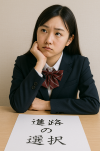 高校生が大学進学、専門学校、就職の選択肢を比較しているシーン。