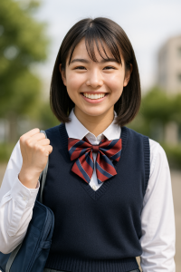 進路を決めて自信を持っている高校生。明るい表情で前向きな気持ちになっている。