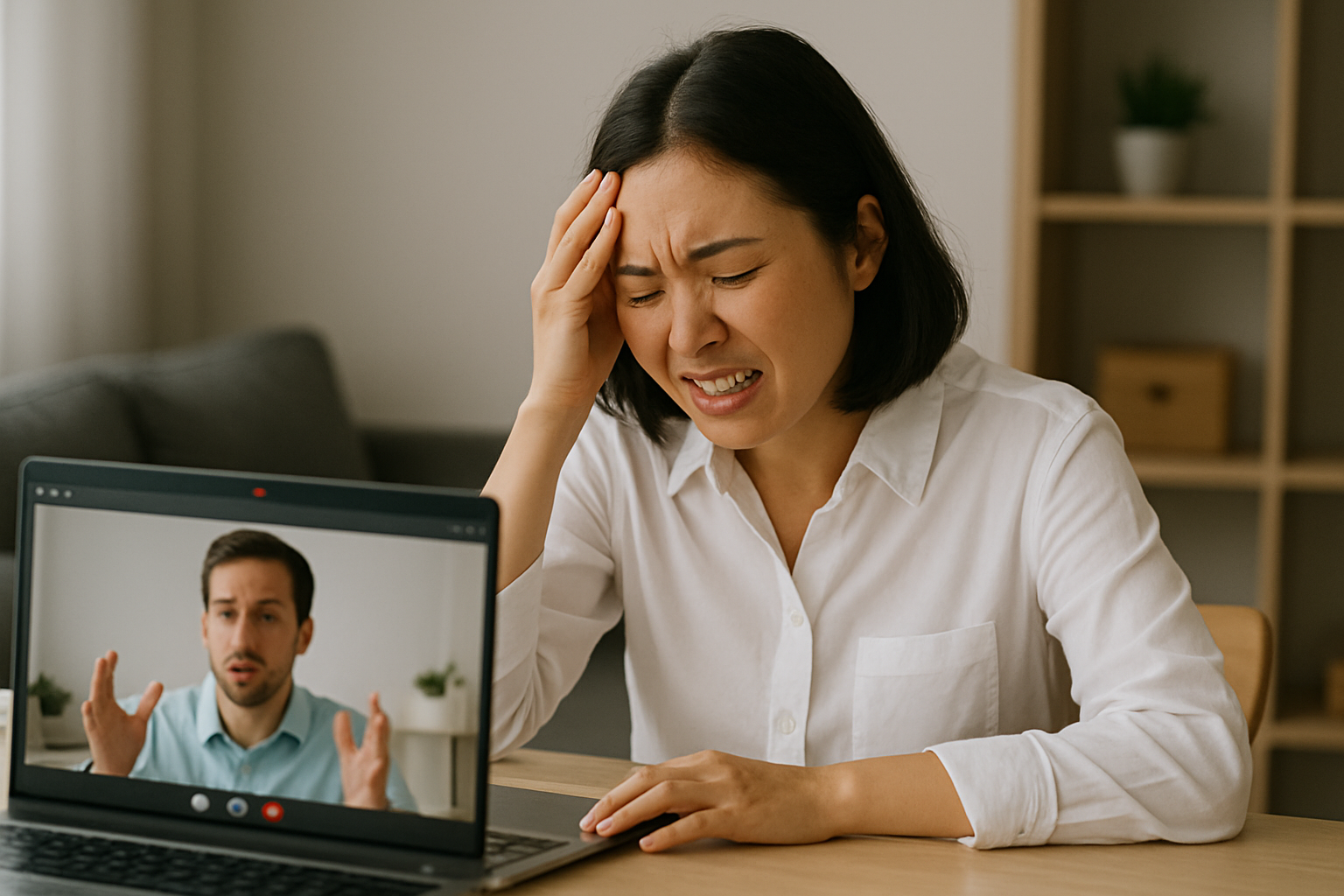 ビデオ会議でチームメンバーとコミュニケーションを取る若手社員