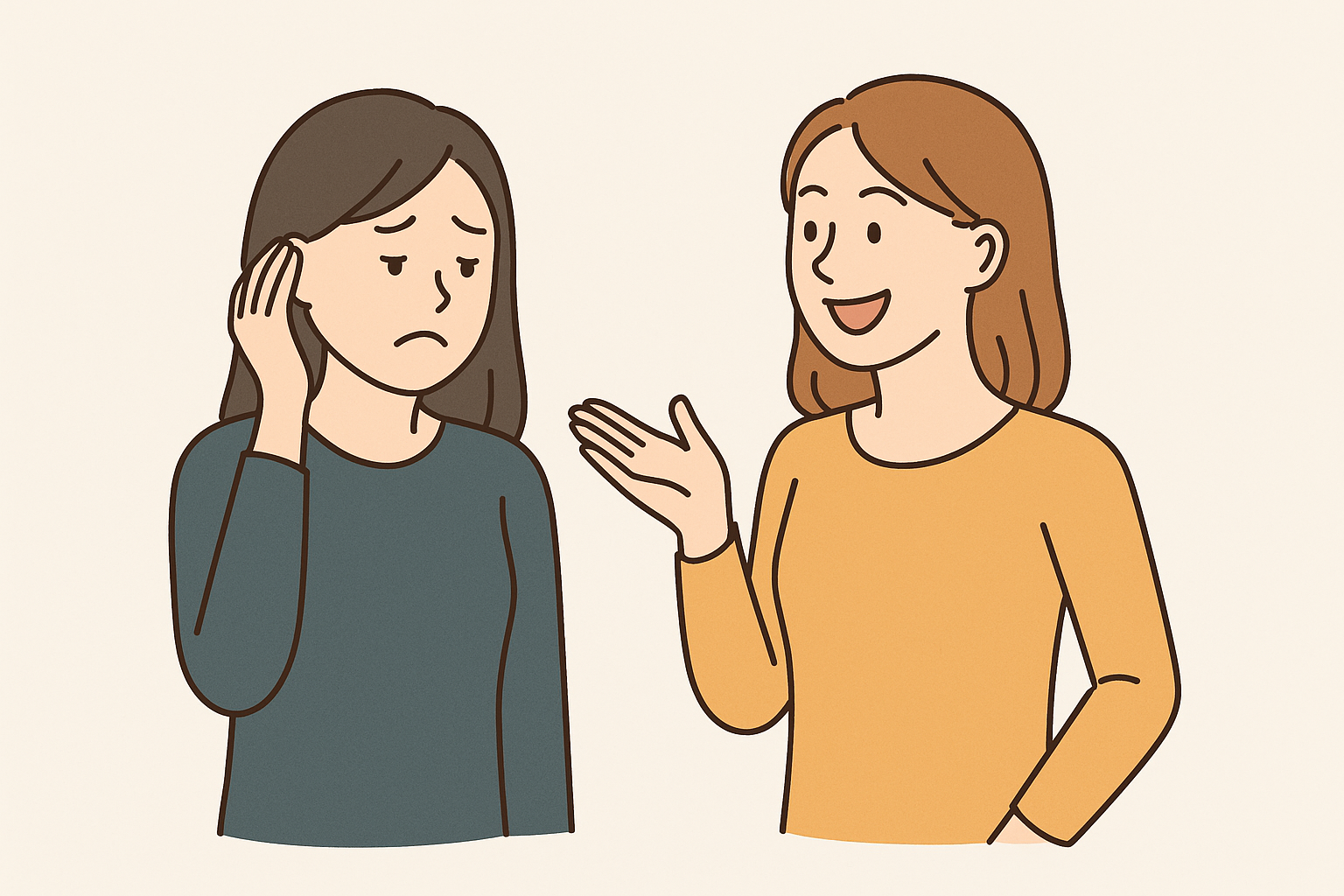 マウントを取る友達に困っている女性。話しかける女性が優越感たっぷりに話している一方で、聞いている女性は困った表情で耳に手を当てている。