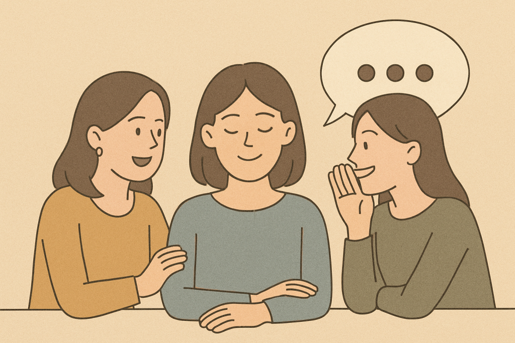 テーブルを囲んで座り、1人が内緒話をしながら別の1人が笑顔で相手の腕に手を置く、3人の女性の穏やかな会話風景