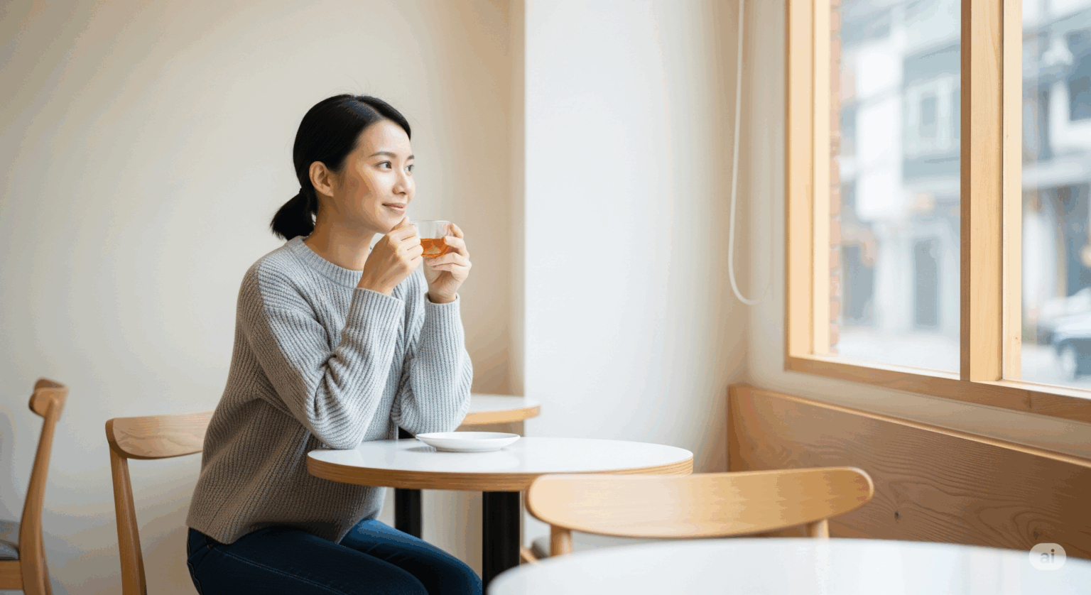 カフェの窓際で、一人の女性が穏やかな表情で外を眺めている様子。一緒にいると疲れる友達との関係を見つめ直し、自分の時間を大切にしている。