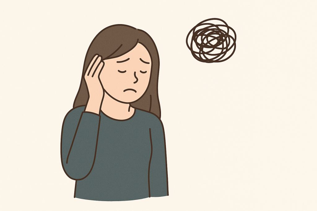 思い悩む女性の頭上に、混乱を表す黒いもやもやの線が浮かんでいる。手でこめかみを押さえながら、つらそうな表情をしている。