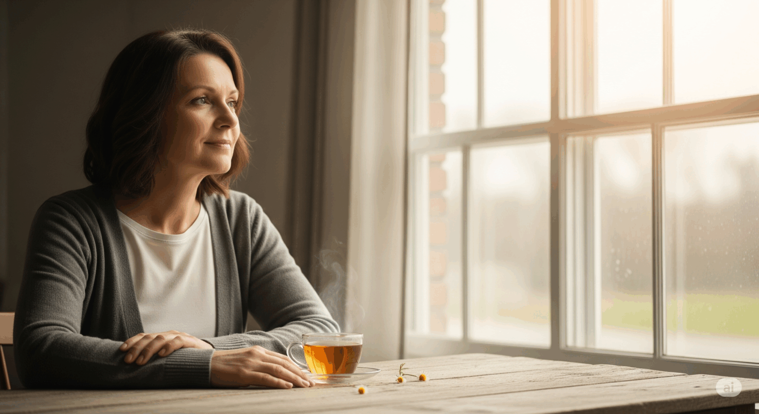 人間関係に疲れ、自分と向き合う時間を持つ女性。日当たりの良い窓際で静かに過ごす様子が、心の回復と希望を象徴している。