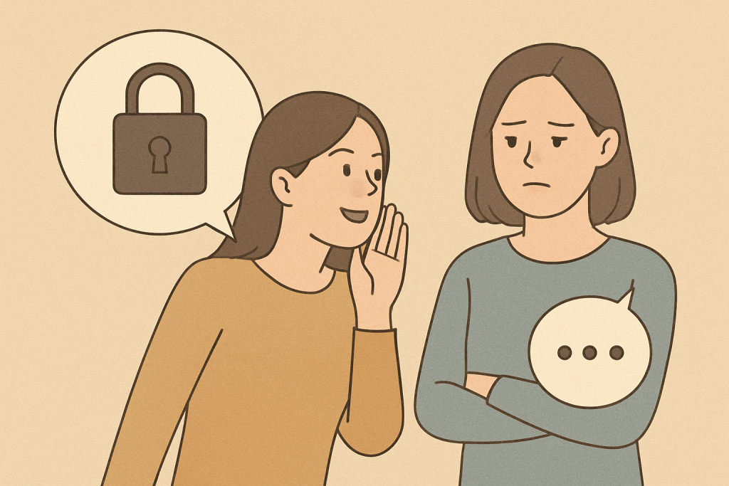 秘密を話す女性と、無言で戸惑うように腕を組む女性の対比を描いたイラスト。吹き出しに鍵マークと省略記号が表示されている