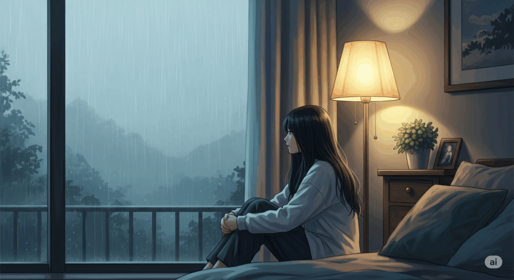 雨の日に窓の外を眺めて物思いにふける人物のイラスト。気分が落ち込む憂うつな雰囲気と、部屋のランプがもたらす温かい光による安心感が表現されている。