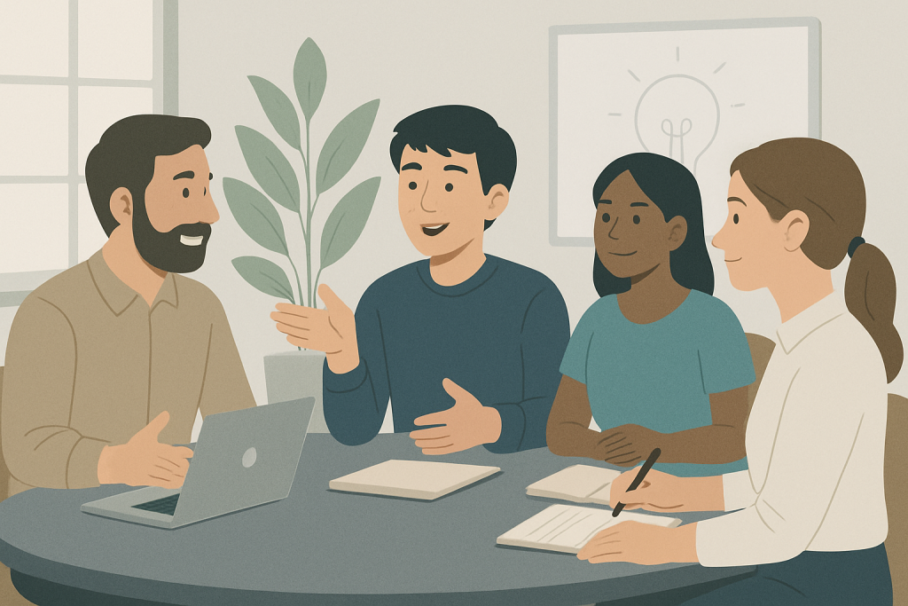 ミーティング中の4人の多様な同僚が円形のテーブルを囲んで話し合っているシーン。若いアジア系男性が発言しており、他の3人は聞いている。明るい窓からの自然光が部屋に差し込み、シンプルでミニマルなオフィスが背景に広がっている。