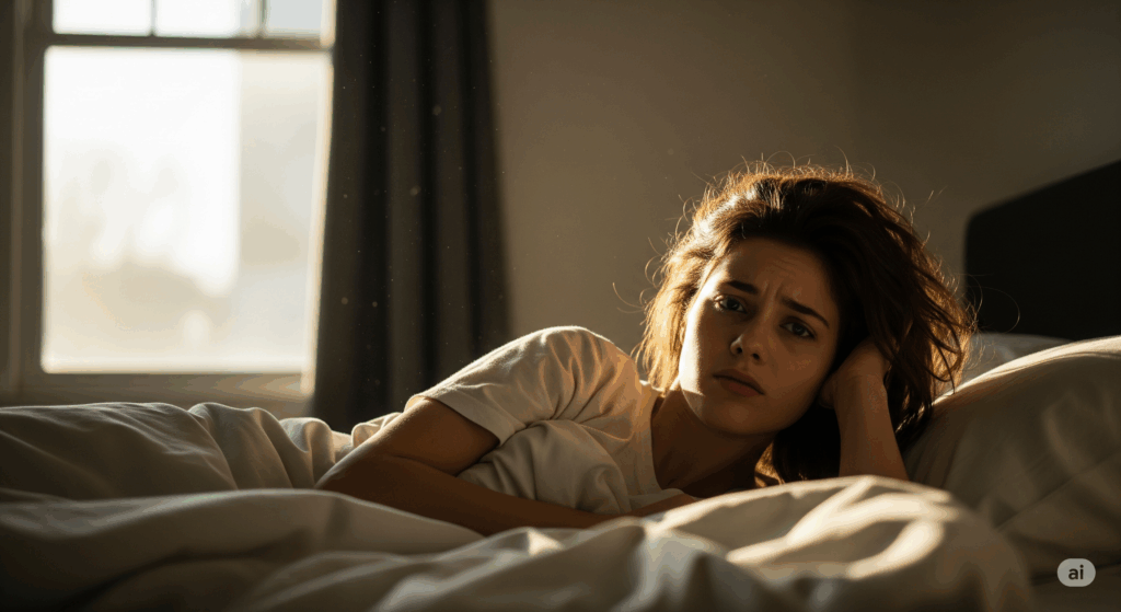 朝、なかなか起きられない様子を象徴する画像。窓から朝日が差し込む寝室で、ベッドに横たわる女性が物憂げな表情を浮かべている。