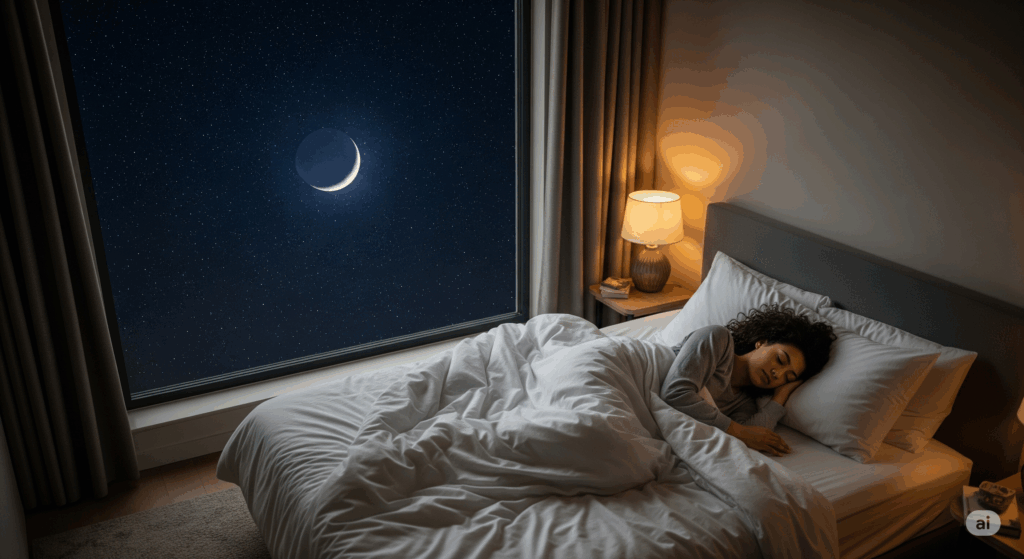 星空と三日月が見える窓辺のベッドで、リラックスして深く眠っている人の様子。快眠や安眠をイメージさせる穏やかな夜の寝室。